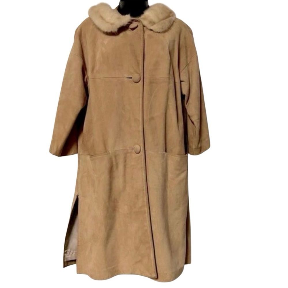 Vtg 50s Suede Leather Jacket Mink Fur Collar Cream 3/4 Sleeve Field Coat L - Picture 3 of 16